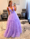 Lilac Tulle Long Tiered Prom Dresses HZ1023
