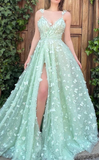 Elegant A-Line V-Neck Floral Embossed Tulle Long Prom Evening Dress HZ1023