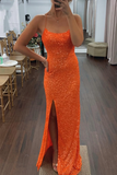 Emerald green/silver/orange/pink/yellow elegant sexy fashion spaghetti strap sequins mermaid slim fit slit long floor length prom dress evening dress party dress HZ1023