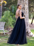 Deep V-neck Tulle Sweep Train Prom Dress HZ1023