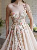 Elegant One Shoulder Champagne Prom Dresses with Flower, One Shoulder Champagne Floral Formal Evening Dresses HZ1023