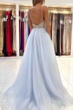 Spaghetti Straps V-Neck Tulle Long Prom Dresses With Beads HZ1023