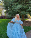 Charming A Line Off the Shoulder Blue Tulle Prom Dresses HZ1023