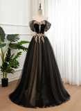 Black And Champagne Off Shoulder Long Formal Dress, A-line Prom Dress HZ1023