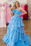 A Line Strapless Long Prom Dress with Ruffles HZ1023