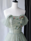 Green beautiful charming floral applique tulle long formal prom dress, evening dress, party dress HZ1023