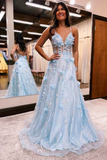 Spaghetti Straps Light Blue 3D Floral Lace V-Neck A-Line Long Prom Dress HZ1023
