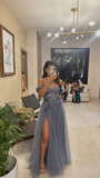 Off the shoulder gray blue s line prom dress with slit HZ1023
