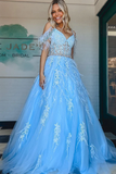 A line V Neck Lace Tulle Prom Dress with Beading and Feather HZ1023