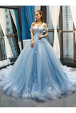 Light Sky Blue Off The Shoulder Ball Gown Tulle Prom Dress With Applique HZ1023