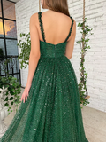 A-Line Prom Dresses Sparkle & Shine Dress Prom Floor Length Sleeveless V Neck Sequined with Sequin HZ1023