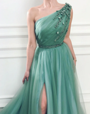 A-Line One Shoulder Jungle Tulle Split Prom/Formal Dresses With Beading HZ1023