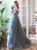 Blue gorgeous sparkling exquisite beaded long tulle ball gown evening dress with rhinestones multi-layered dress HZ1023