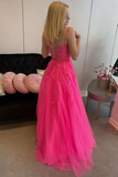 Open Back Hot Pink Tulle Lace Long Prom Dresses, Hot Pink Lace Formal Graduation Evening Dresses HZ1023
