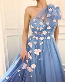 Charming One Shoulder Blue Tulle 3D Flowers Prom Dresses, Long Cheap Dance Dresses HZ1023