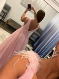 V Neck and V Back Pink Tulle Long Prom Dresses, V Neck Pink Formal Graduation Evening Dresses HZ1023