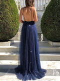 A Line V Neck Backless Blue Prom Dresses, V Neck Blue Backless Formal Graduation Evening Dresses HZ1023