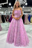 A line Strapless Printed Glitter Tulle Prom Dress HZ1023