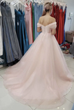 Off Shoulder Open Back Pink Long Prom, Off the Shoulder Pink Formal, Pink Evening HZ1023
