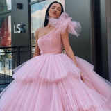 Charming Ball Gown Tulle Pink One Shoulder Long Prom Dresses, Quinceanera Dresses HZ1023