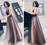 Fashionable Pink And Black Tulle V Neckline Party Prom Dress, Pink Lace Applique Evening Gown HZ1023