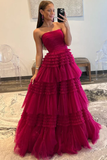 A-Line Strapless Tulle Long Prom Dress with Tiered Ruffles HZ1023