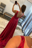 Burgundy V Neck Lace Long Prom Evening Dress With High Slit HZ1023