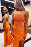 One-Shoulder Orange Beaded Stars Long Prom Dress with Slit HZ1023