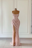 Gorgeous Pink Sequined Sleeveless Prom Dress With Slit HZ1023