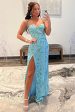 Aqua Blue Mermaid Spaghetti Straps Sequin-Embroidered Long Prom Gown with Slit HZ1023