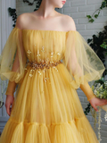Yellow pretty fairy elegant exquisite beading A-line long sleeve long tulle ball gown evening dress HZ1023