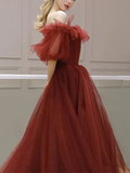 Burgundy Off Shoulder A Line Formal Evening Dress Tulle Long Prom Dress HZ1023