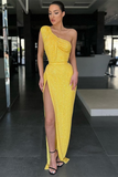Amazing Yellow One Shoulder Sequins evening Dress Mermaid With Slit HZ1023