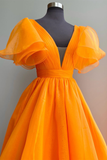 Orange A-line Long Formal Dress with Flutter Sleeves HZ1023