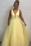 A Line Deep V Neck Ball Gown Prom Dresses Open Back White Evening Dresses HZ1023
