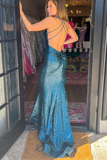 Green Sequin V-Neck Lace-Up Back Mermaid Prom Gown HZ1023