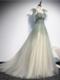 Gray Green Tulle Sequin Beads Long Prom Dress, Green Evening Dress HZ1023