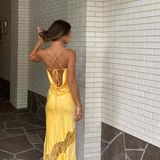 Yellow new lace spaghetti straps sexy backless mid-length elegant satin prom dress evening dress party dress HZ1023