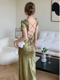 Summer Elegant Women Satin Backless Short Sleeve Lace Sexy Bandage Vintage Bodycon Vestidos Female Fashion Robe New Prom Dress HZ1023
