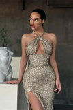 HALTER SEQUINS MERMAID PROM DRESS SLEEVELESS WITH SLIT HZ1023