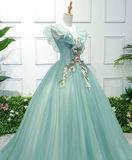 Green V Neck Tulle Long Prom Dress, Formal Dresses, Green Evening Dress HZ1023