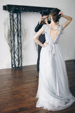 Blue backless exquisite beaded A-line long elegant ball gown formal evening gown wedding dress HZ1023