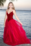 Burgundy Tulle Prom Dress Velvet Top V-Neck HZ1023