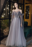 Gray Blue Prom Dress Stunning Glitter Tulle Bridesmaid Dress Long Tulle Sleeves Graduation Dress Illusion Evening Dress Floor Length HZ1023