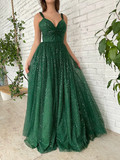 A-Line Prom Dresses Sparkle & Shine Dress Prom Floor Length Sleeveless V Neck Sequined with Sequin HZ1023