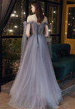 Gray Blue Prom Dress Stunning Glitter Tulle Bridesmaid Dress Long Tulle Sleeves Graduation Dress Illusion Evening Dress Floor Length HZ1023