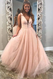 A Line Deep V Neck Ball Gown Prom Dresses Open Back White Evening Dresses HZ1023