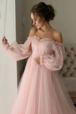 Lavender Off-the-Shoulder A-line Long Tulle Dress HZ1023