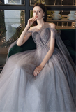 Gray Blue Prom Dress Stunning Glitter Tulle Bridesmaid Dress Long Tulle Sleeves Graduation Dress Illusion Evening Dress Floor Length HZ1023