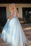 A Line Deep V Neck Ball Gown Prom Dresses Open Back White Evening Dresses HZ1023